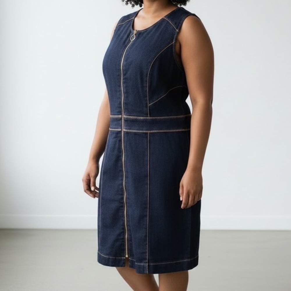 INC International Concepts Denim Zip Front Sheath Dress Dark Wash Blue Size 12